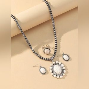 White Oval Marbled Stone Necklace, Earrings, and Ring Set